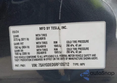 2024 Tesla Model Y from USA, damaged, VIN 7SAYGDED6RF105712
